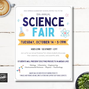 Szablon ulotki na targi naukowe | Ulotka na szkolny wieczór naukowy | PTA, PTO, ulotka na wydarzenie szkolne | Łatwy w użyciu szablon Canva | Edytuj samodzielnie