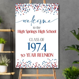 May include: Welcome to the High Springs High School Class of 1974 50 Year Reunion sign with a white background and red, blue, and silver confetti.