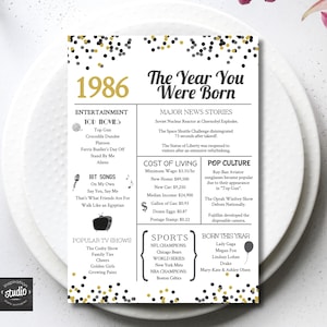 May include: A decorative print with the text "1986 The Year You Were Born" lists entertainment, news, cost of living, pop culture, sports, and people born in 1986. Gold and black confetti dots the top.