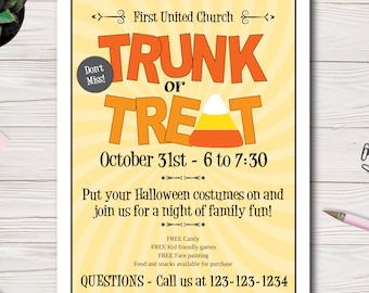 Trunk or Treat, Halloween Event Flyer Template, Custom, Printable, Church event, PTO Flyer, PTA Flyer, Edit yourself, Easy to use Template