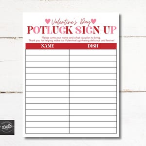 Op de afbeelding: Een Valentijnsdag potluck inschrijfformulier met roze en rode tekst. Het formulier bevat ruimte voor namen en gerechten, met de tekst "Schrijf uw naam en wat u van plan bent mee te nemen."