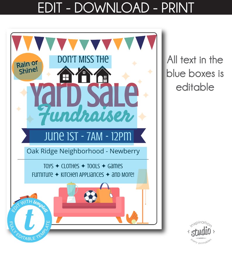 Editable Yard Sale Fundraiser Flyer Template Garage Sale Etsy