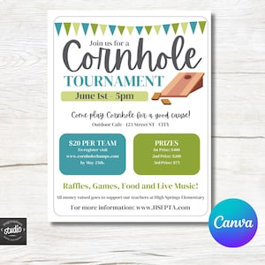 Editable Cornhole Tournament Flyer Template | Cornhole Fundraiser | PTO, PTA, School Charity, Easy to Use Canva Template