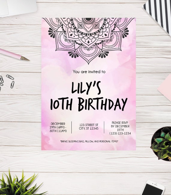 Mandala Birthday Invitation - Bohemian Printable Invite - Boho Chic - Tween or Teen Birthday Party. Easy to use Template Il_570xn