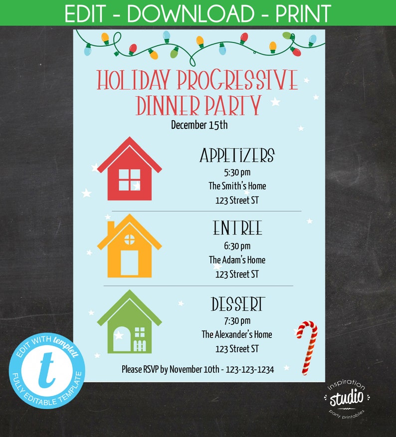 Holiday Progressive Dinner Party Invite Christmas Potluck Etsy