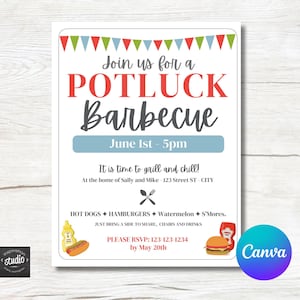 Circulaire barbecue pour un repas-partage pour une fête d'été dans l'arrière-cour | Modèle Canva facile à utiliser