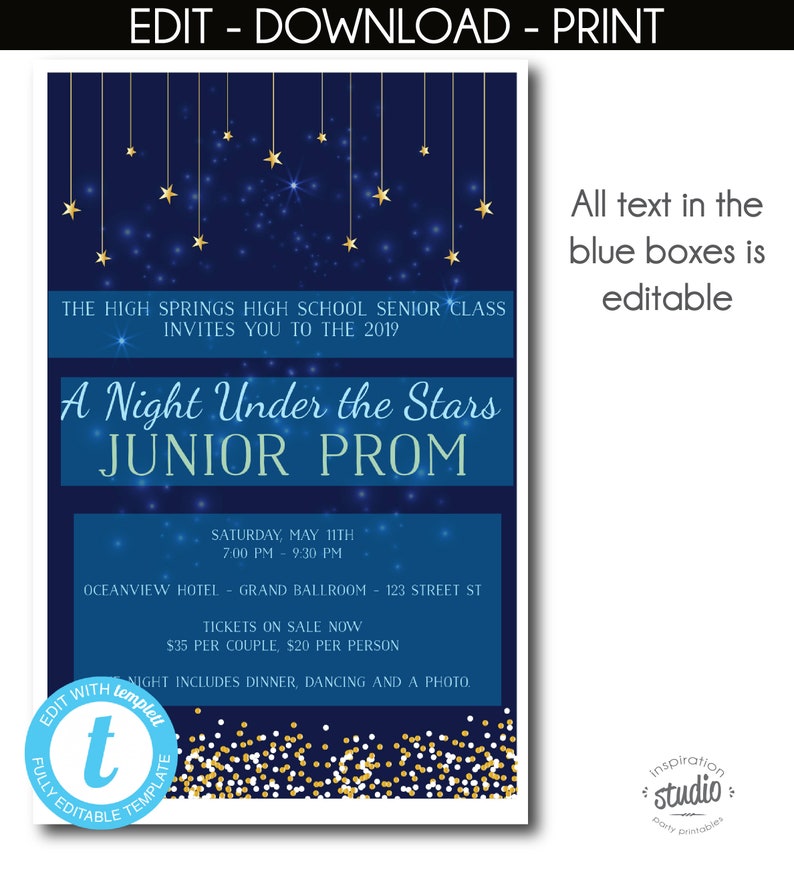 Paquet de bal de fin d'année à faire soi-même : sous les étoiles affiche de bal pour juniors et seniors à imprimer, billets, flyer et invitation image 2