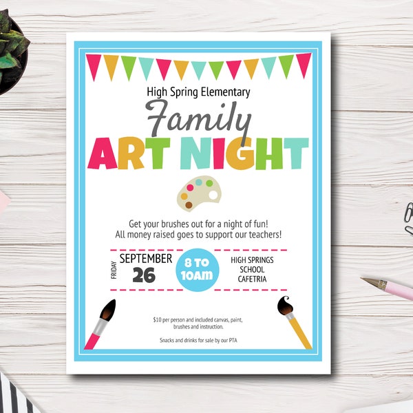 Family Art Night Event Flyer Template, Painting Night Fundraiser Flyer Template, School Event Flyer, Easy to use template, PTA, PTSA, PTO