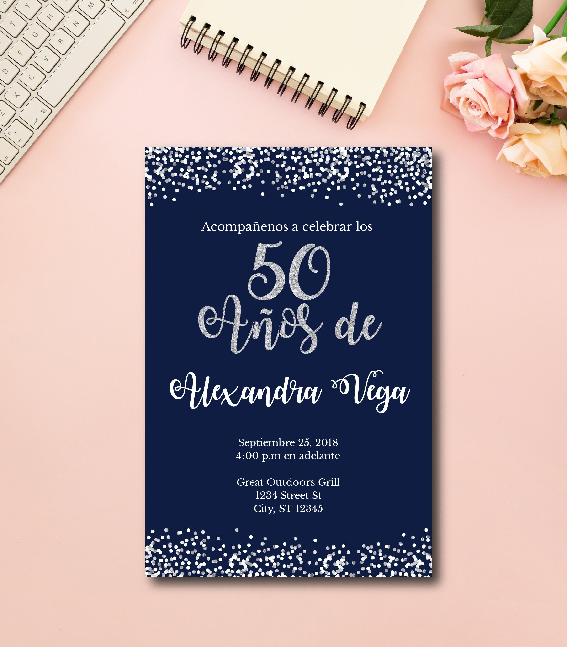 50 Años De, Invitación De Cumpleaños, Spanish, Español, Invitación De La  Fiesta De Cumpleaños Número 50, Easy to Use Template, 50 Birthday - Etsy, image size:2375x2708