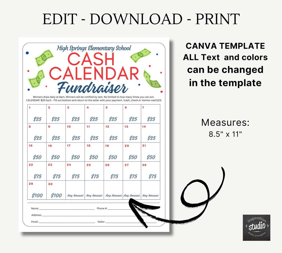 Cash Calendar Fundraiser Flyer | Take Home Fundraising Event | Daily ...