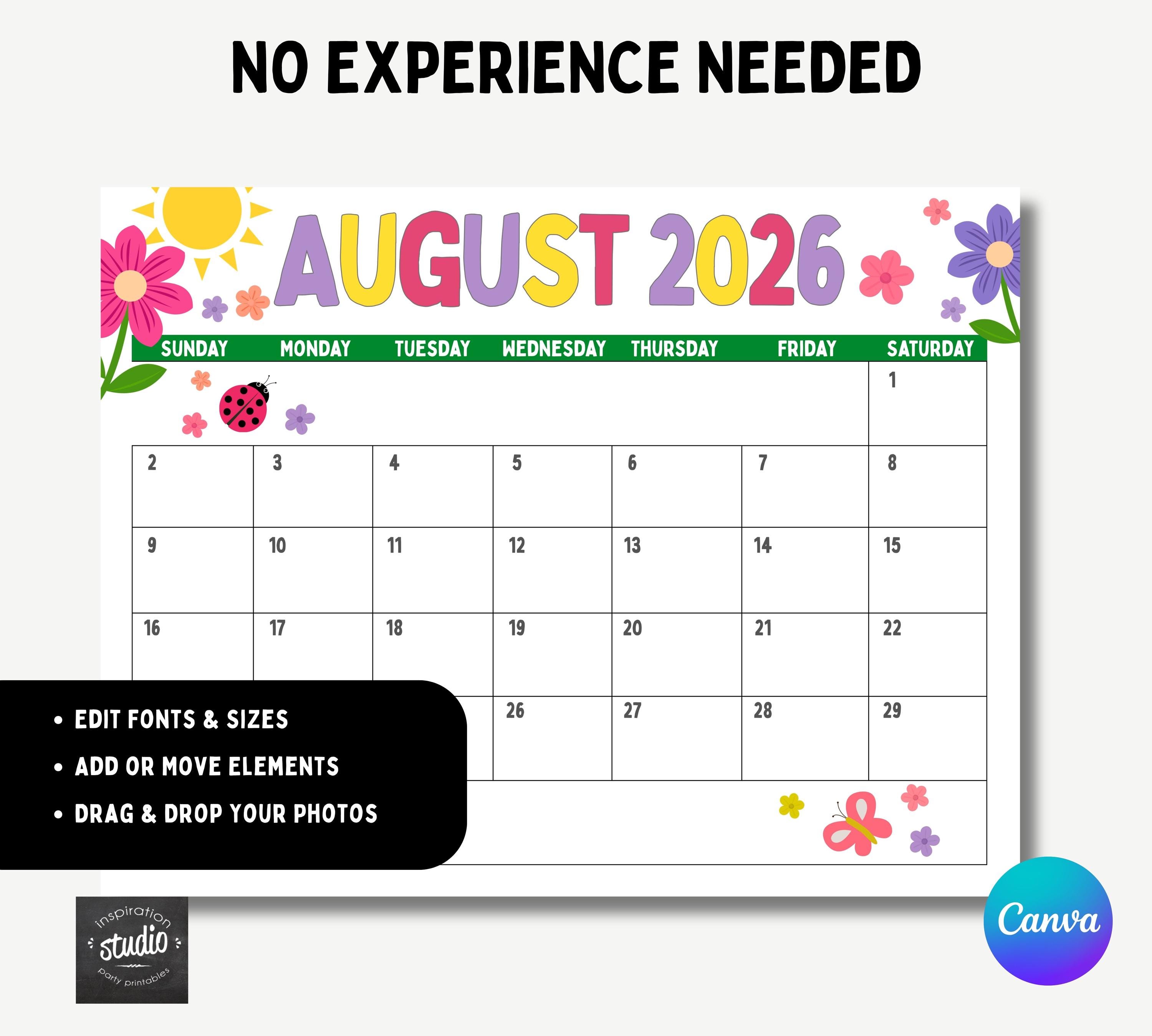 August 2026 Calendar | Editable Canva Monthly Planner With Summer ...