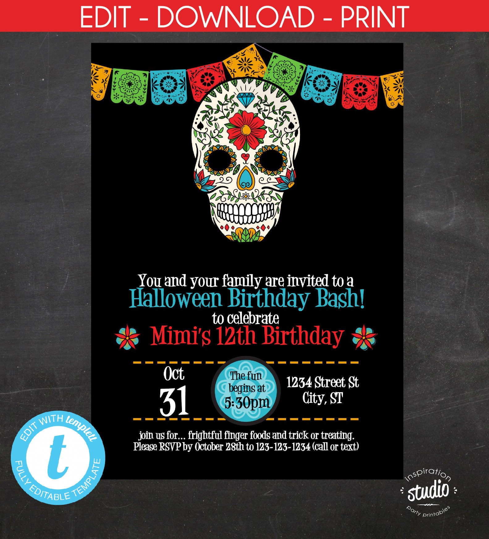 sugar-skull-birthday-invitation-halloween-birthday-invite-etsy