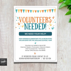 Volunteers Needed Flyer Template, Recruitment Flyer, PTO PTA Volunteer Flyer, Community Event,  Easy-to-use Canva template that you edit