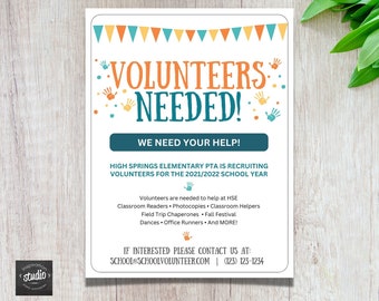 Volunteers Needed Flyer Template, Recruitment Flyer, PTO PTA Volunteer Flyer, Community Event,  Easy-to-use Canva template that you edit