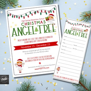 Puede incluir: Dos folletos blancos de Christmas Angel Tree. El folleto principal tiene texto en verde y rojo, incluyendo "Christmas Angel Tree" y "¡Elige un nombre del árbol y ayuda a difundir la alegría navideña esta temporada!" Un folleto más pequeño tiene campos para rellenar.