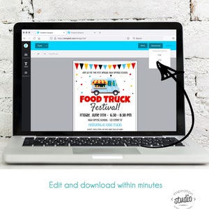 May include: A computer screen showing a food truck festival flyer. The flyer is blue and red with a cartoon food truck and the text "Food Truck Festival!"  The flyer also includes the date and time of the event, the location, and the number of food trucks that will be participating.