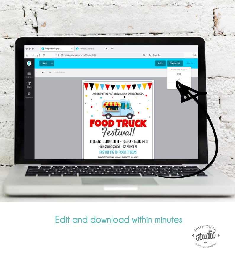 May include: A computer screen showing a food truck festival flyer. The flyer is blue and red with a cartoon food truck and the text "Food Truck Festival!"  The flyer also includes the date and time of the event, the location, and the number of food trucks that will be participating.