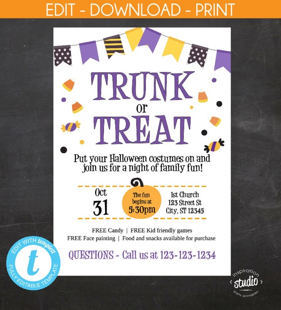 trunk or treat halloween event flyer and invite community etsy