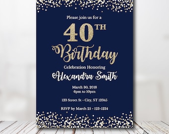 40th Birthday Invitation Template, 40th Birthday Invite, Blue and gold glitter, Edit yourself, Easy to Use template
