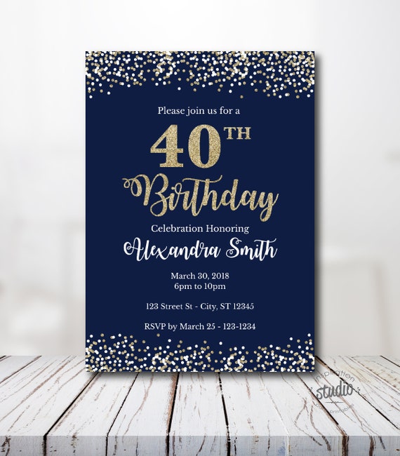 DIY 40th Birthday Invite Template Blue and Gold Glitter Design Edit Yourself Etsy UK