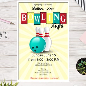 Mutter Sohn oder Familie Bowling Nacht, Druckbare Paket Vorlage - Flyer, Tickets und Poster, PTA, PTO oder Kirche, einfach zu uns Vorlage