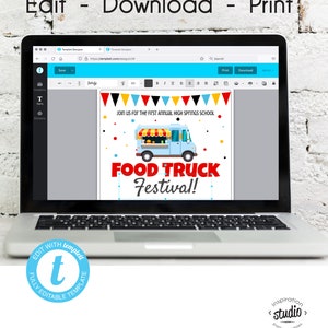 May include: A computer screen showing a customisable template for a food truck festival invitation. The template features a cartoon illustration of a blue food truck with red and yellow accents, and the text "Join us for the first annual High Springs School Food Truck Festival!"