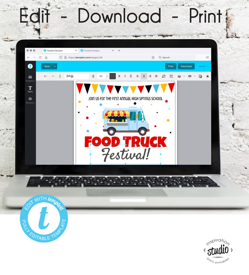 May include: A computer screen showing a customisable template for a food truck festival invitation. The template features a cartoon illustration of a blue food truck with red and yellow accents, and the text "Join us for the first annual High Springs School Food Truck Festival!"