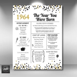 1964 年の誕生日のサインとカード | あなたが生まれた年 | 60 歳の誕生日 | 1964 年当時 | 5 インチ x 7 インチと 8.5 インチ x 11 インチ (即時ダウンロード)