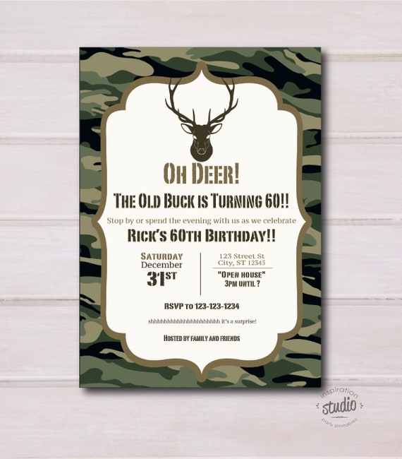 Camouflage, Oh Deer, The old buck is turning.... custom birthday invite, Adult Invite Custom Printable, Edit yourself, Templett, template Il_570xn