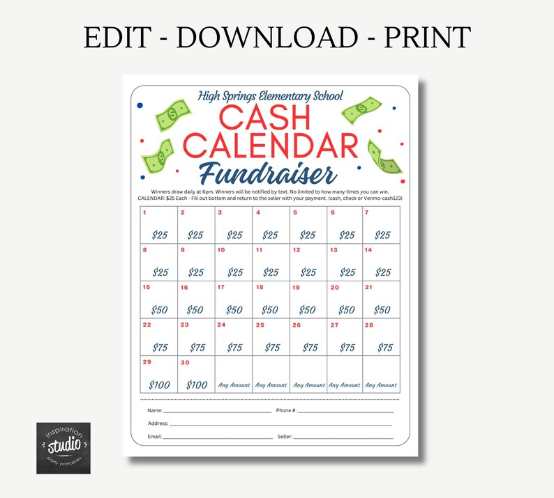 Cash Calendar Fundraiser Flyer | Editable Take Home Fundraising Event ...
