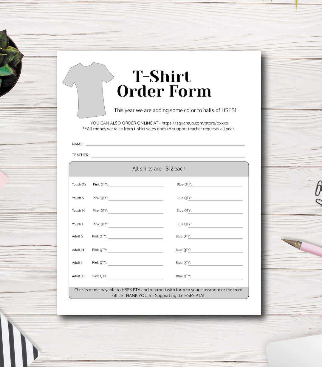 T shirt Order Form Template PTA PTSA PTO Church Fundraiser