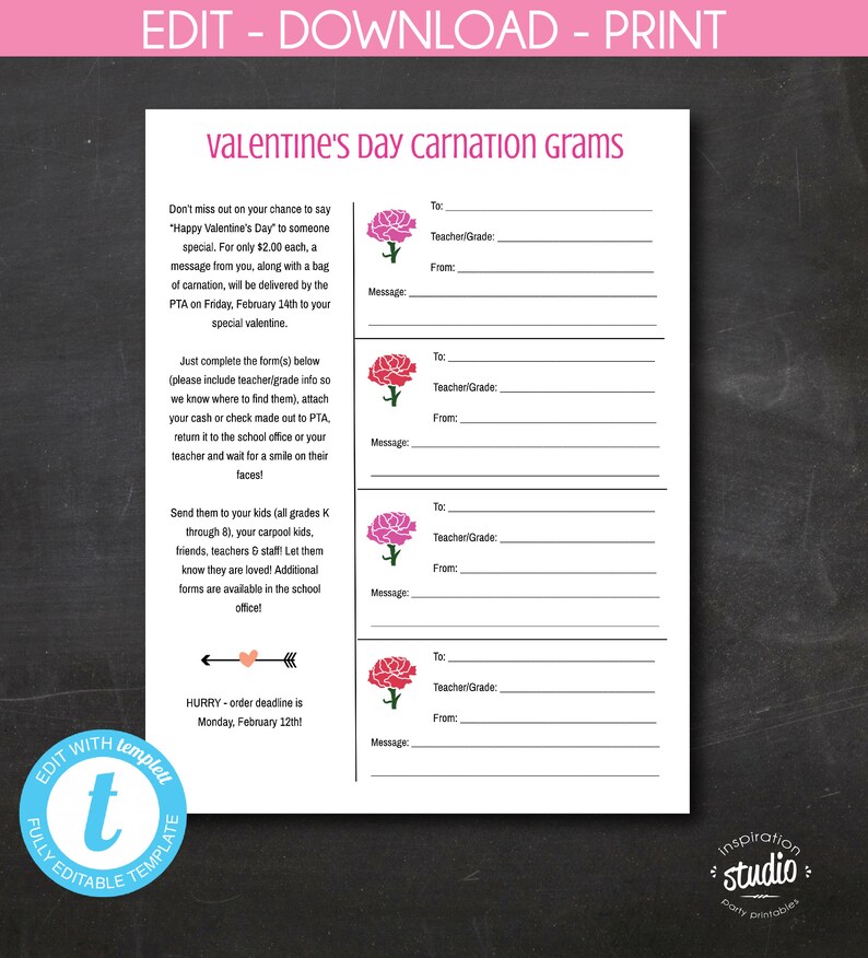 Valentine's Day Carnation Gram Flyer Template for Etsy