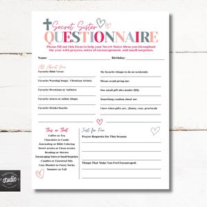 May include: A Secret Sister questionnaire printed on white paper. The title "Secret Sister QUESTIONNAIRE" is in pink and red. The form includes sections for personal details, favorites, and prayer requests. The "Inspiration Studio" logo is in the bottom left.