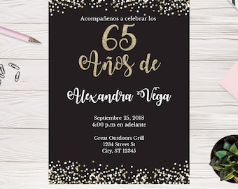 65th Birthday Invitation Template | 65 Años de, Spanish | Black and gold glitter | Quick and Easy Template | Edit yourself