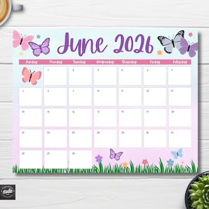 Peut inclure: Calendrier de juin 2026 sur le thème des papillons. Le calendrier présente un fond dégradé bleu clair et rose, avec des papillons et des fleurs. Les jours de la semaine sont indiqués en haut et les dates sont dans une grille.