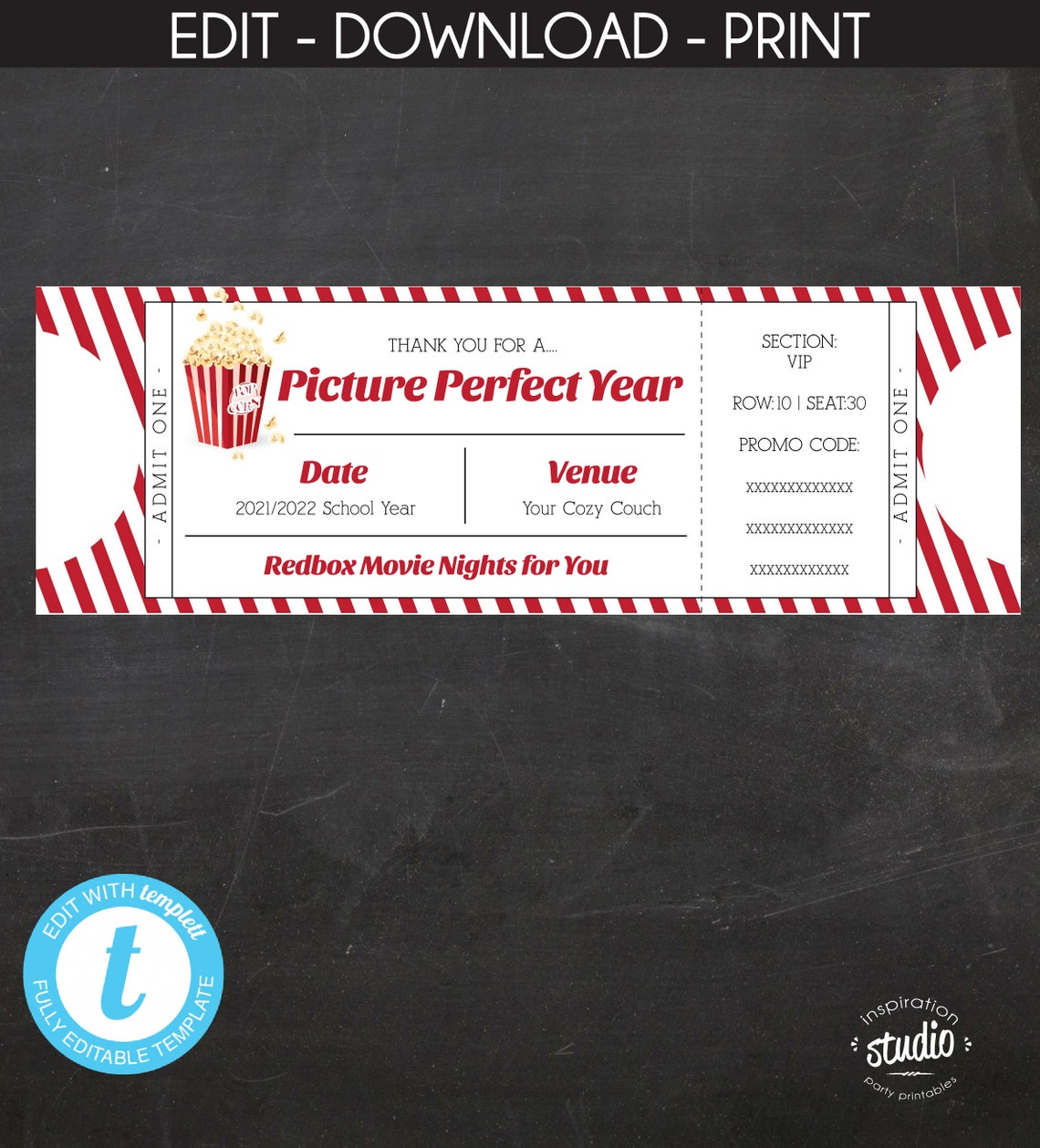 Redbox Movie Ticket Printable Template Teacher Appreciation | Etsy
