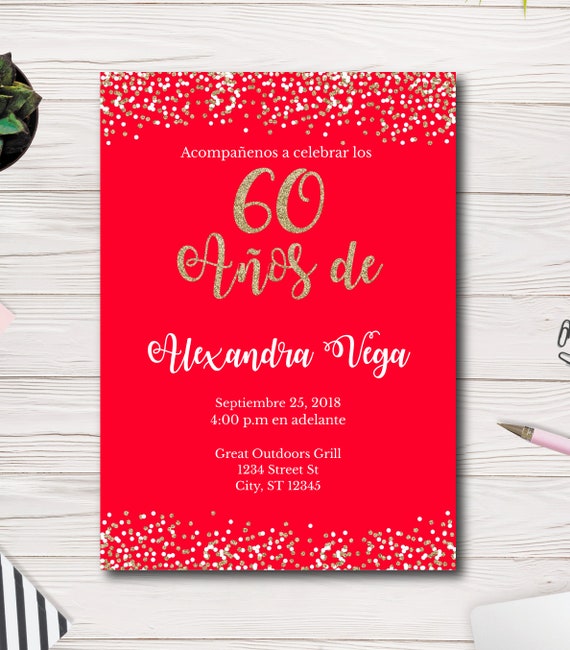 60 Años de, Spanish, 60th Birthday Invitation, Red and gold glitter, Easy to Use Template, 2 size options (5 x 7" & 4 x 6"), Edit yourself Il_570xn