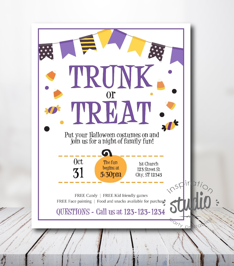Peut inclure: Une affiche sur le th&egrave;me d'Halloween avec le texte "TRUNK or TREAT" en violet. La conception comprend des banni&egrave;res d&eacute;coratives, des bonbons au ma&iuml;s et un dessin de citrouille. L'affiche fournit les d&eacute;tails de l'&eacute;v&eacute;nement.