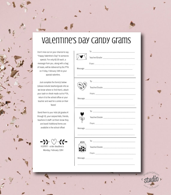 Valentine's Day Candy Gram Flyer Template, For Schools, Church, Custom Printable - flyer - Black and White Il_570xn