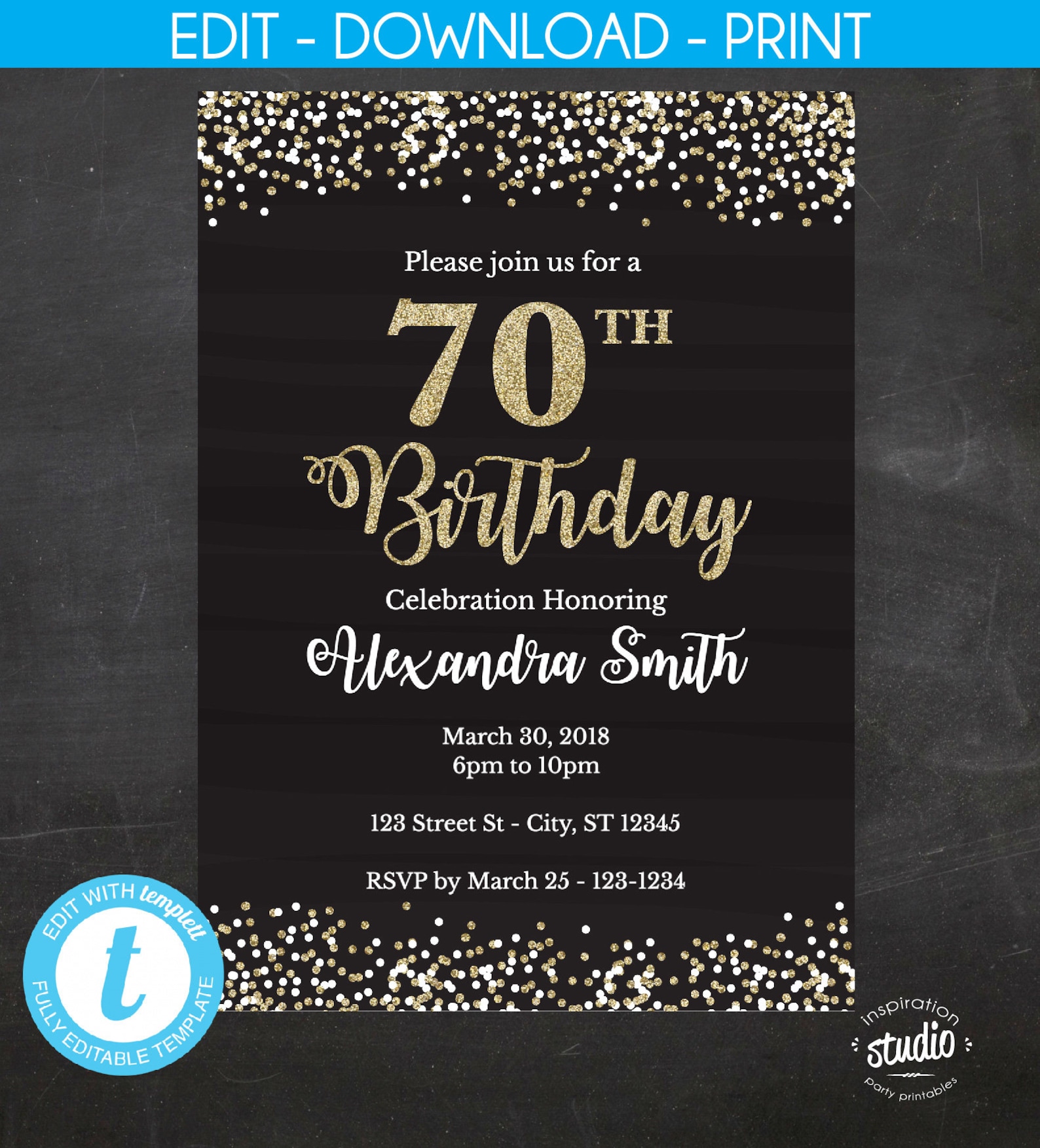 70th Birthday Invitation 70th Birthday Invite Black and gold Etsy