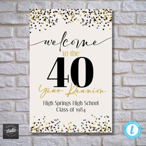 May include: A white sign with gold and black confetti. The sign says "Welcome to the 40 Year Reunion High Springs High School Class of 1984".