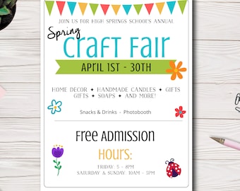 Spring Craft Fair Flyer Template | School, Church, PTA, PTO, Event Fundraiser Printable | Easy to use Template | Edit yourself