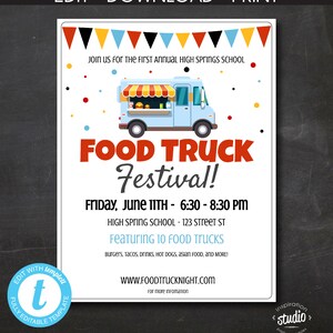 May include: A printable invitation to a food truck festival. The invitation features a cartoon food truck with a red awning and a blue body. The text on the invitation reads "Food Truck Festival!" and includes the date, time, and location of the event. The invitation also mentions that there will be 10 food trucks featuring burgers, tacos, drinks, hot dogs, Asian food, and more.