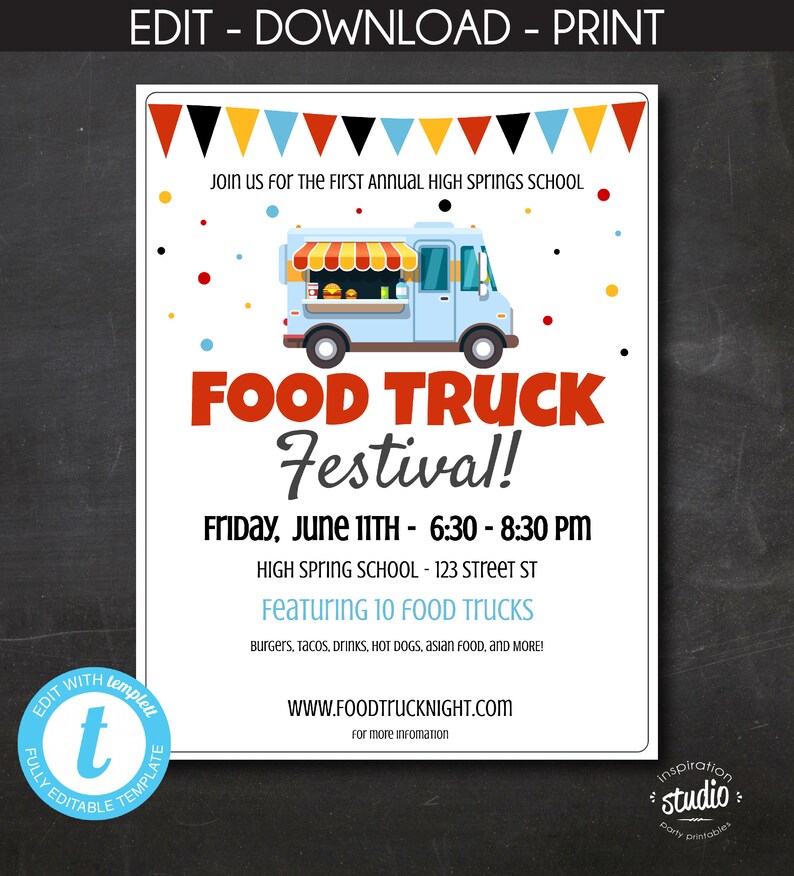 May include: A printable invitation to a food truck festival. The invitation features a cartoon food truck with a red awning and a blue body. The text on the invitation reads "Food Truck Festival!" and includes the date, time, and location of the event. The invitation also mentions that there will be 10 food trucks featuring burgers, tacos, drinks, hot dogs, Asian food, and more.