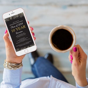 May include: A smartphone displaying a black and gold invitation for a high school reunion. The invitation reads "Join us for the High Springs High School Class of 2014 10 Year Reunion".