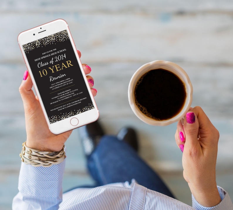 May include: A smartphone displaying a black and gold invitation for a high school reunion. The invitation reads "Join us for the High Springs High School Class of 2014 10 Year Reunion".