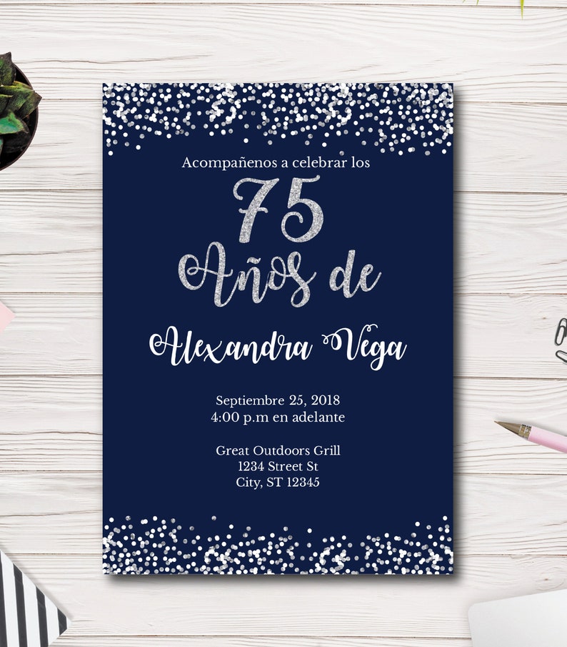 75 Años de, Invitación de Cumpleaños, Spanish, Español, Invitación de la fiesta de cumpleaños número 75, Easy to use Template, 75 Birthday image 1