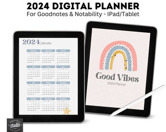 Simple 2024 Digital Planner, Dated 2024 Planner for Goodnotes or Notability, Monthly, Weekly Calendar Pages, iPad Planner, Good Vibes Theme