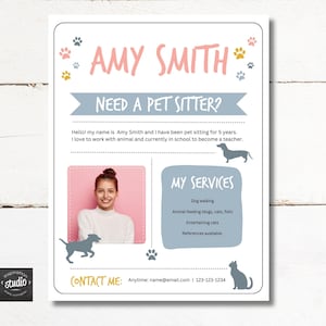 Editable Pet Sitter Flyer Template | Pet Sitting Services | Dog Walking | Cat Sitting | Animal Sitting Services | Easy to Use Canva Template