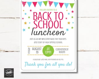 May include: A colorful invitation to a back to school luncheon for teachers and staff at High Springs School. The event is scheduled for Friday, August 19th at 12pm in the conference room. A salad bar lunch will be provided by the HSS PTA.